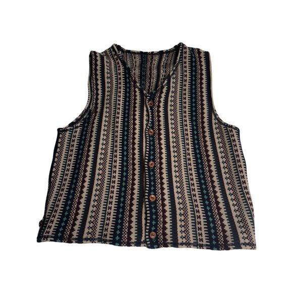 Vintage Jackets & Blazers - 1980s Geometric Burgundy Blue Green and Tan 5 Button Vintage Vest size large